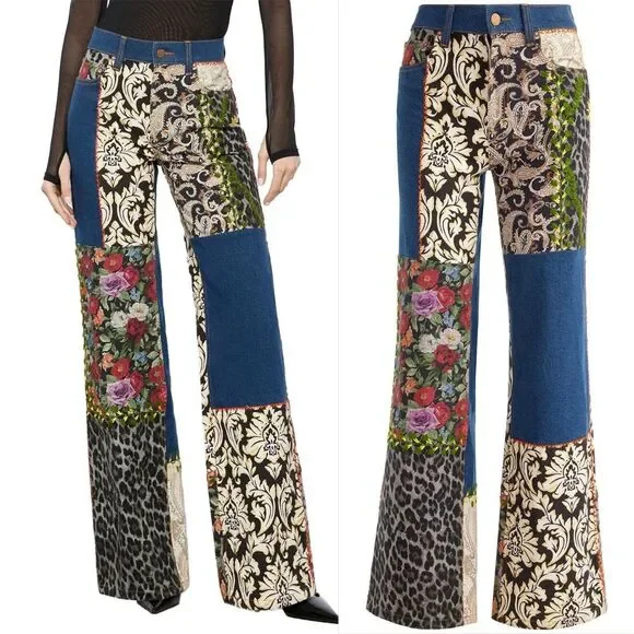 ALICE + OLIVIA Weezy Patchwork Mixed Media Jeans - Picture 2 of 11